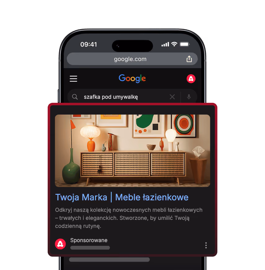Baner reklamowy ze zdjęciem wnętrza i nagłówkiem „Meble łazienkowe”, wyświetlany na telefonie podczas przeglądania stron.