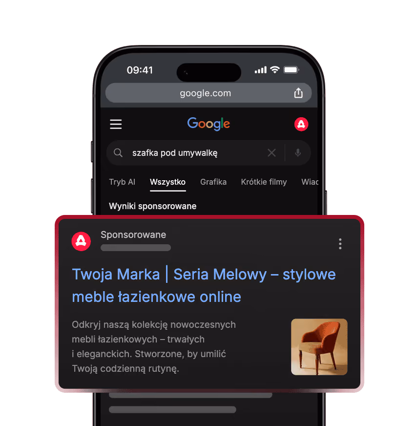 Wynik sponsorowany w wyszukiwarce Google na telefonie: nagłówek, opis i zdjęcie produktu nad wynikami organicznymi dla zapytania „szafka pod umywalkę”.