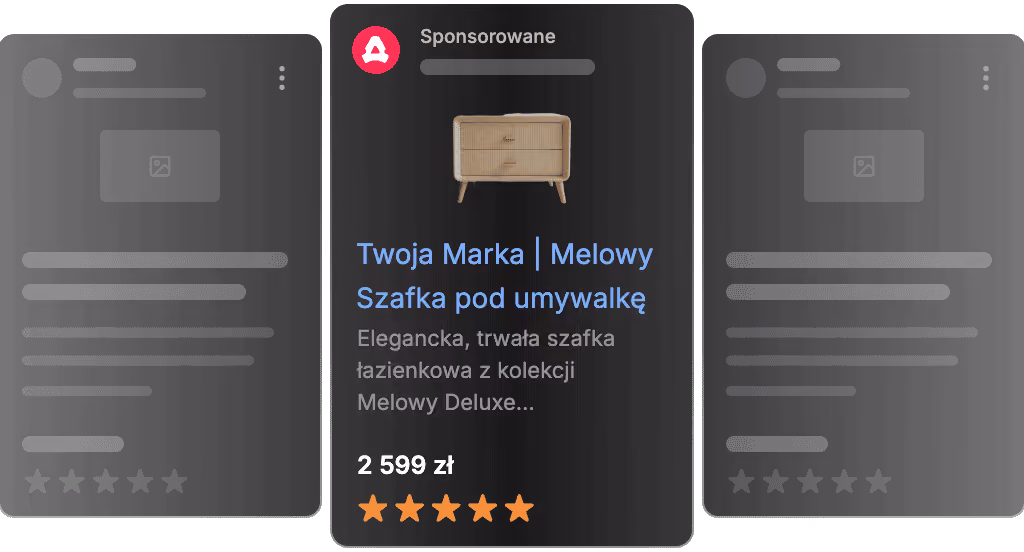 Reklama produktowa Google: szafka pod umywalkę ze zdjęciem, nazwą, ceną 2 599 zł i oceną pięciu gwiazdek, wyróżniona wśród wyników zakupowych.