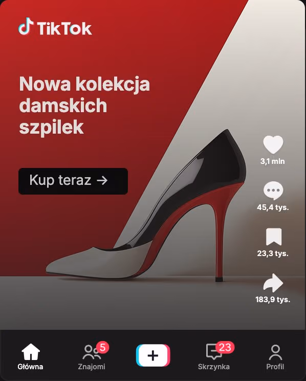 Pionowa reklama w TikToku: nowa kolekcja damskich szpilek z przyciskiem „Kup teraz” i panelem reakcji.